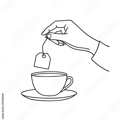 hand delicately holding a tea bag a cup of tea. The line art vector illustration 