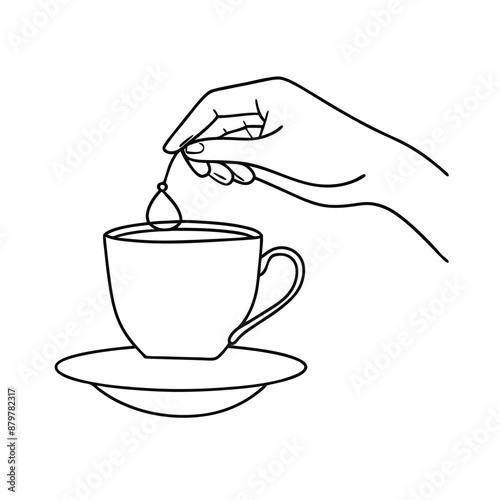 hand delicately holding a tea bag a cup of tea. The line art vector illustration 