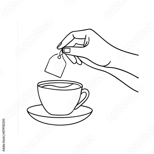 hand delicately holding a tea bag a cup of tea. The line art vector illustration 