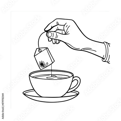 hand delicately holding a tea bag a cup of tea. The line art vector illustration 