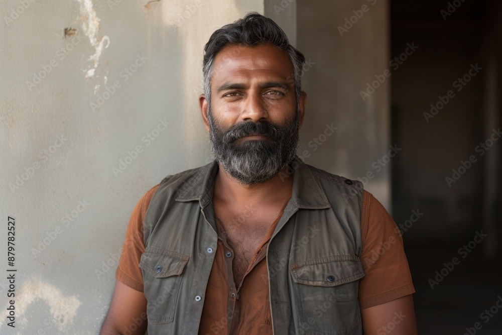 Obraz premium Portrait of a blissful indian man in his 40s wearing a rugged jean vest on bare concrete or plaster wall