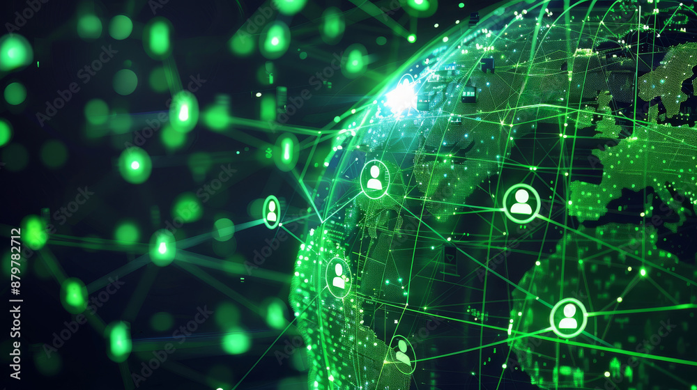 Obraz premium Global digital network connection concept with glowing green icons and lines representing worldwide communication and data exchange.