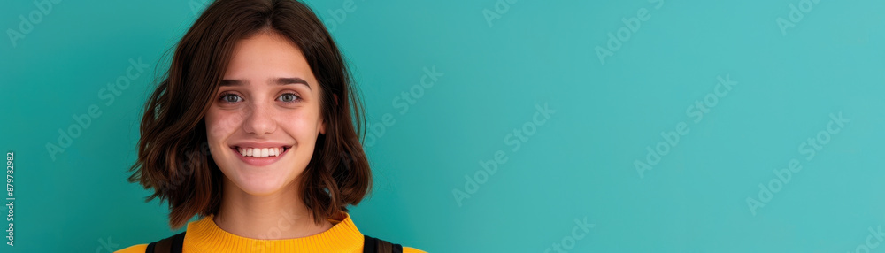 Happy young woman smiling against a turquoise background in casual attire. Perfect for lifestyle and positivity themes. Happy young woman smiling against a turquoise background in casual attire. Perfect for lifestyle and positivity themes.
