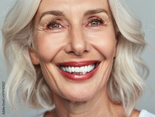 Portrait of a smiling senior woman with healthy teeth and a great smile looking at the camera. Health concept