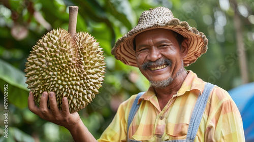 Happy farmer with durian in hand, standing in orchard. Man wearing straw hat and plaid shirt, showcasing fresh fruit. Outdoor, agriculture scene.