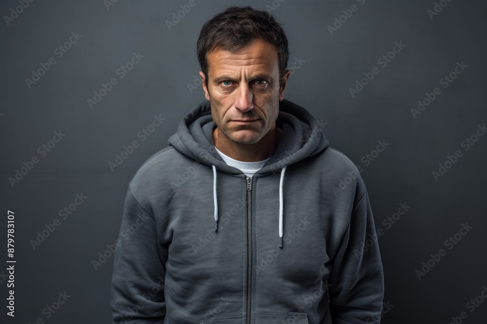 Portrait of a tender man in his 40s wearing a zip-up fleece hoodie while standing against bare concrete or plaster wall Portrait of a tender man in his 40s wearing a zip-up fleece hoodie while standing against bare concrete or plaster wall