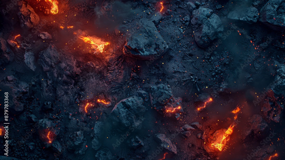 Top view of rocks and lit coal, night scene, battlefield ruins, red and orange lights, cinematic colors,generative ai Top view of rocks and lit coal, night scene, battlefield ruins, red and orange lights, cinematic colors,generative ai