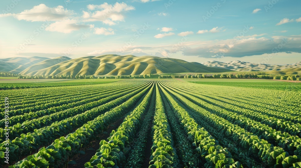 Lush green crop field extending into the horizon under a clear sky, with rolling hills in the background on a sunny day. Lush green crop field extending into the horizon under a clear sky, with rolling hills in the background on a sunny day.