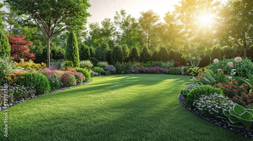 Lush garden with vibrant flowers and neatly trimmed lawn under the warm glow of a setting sun, creating a serene and picturesque scene.