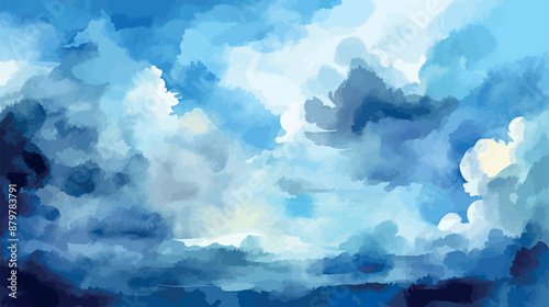 Experience the beauty of a watercolor painting showing an abstract blue sky with fluffy clouds