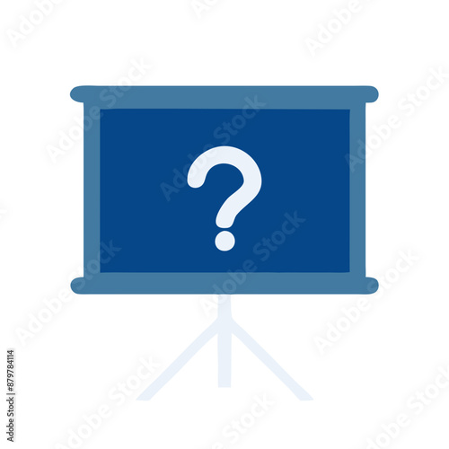Flat design presentation screen with question mark icon, blue tones, inquiry and education concept