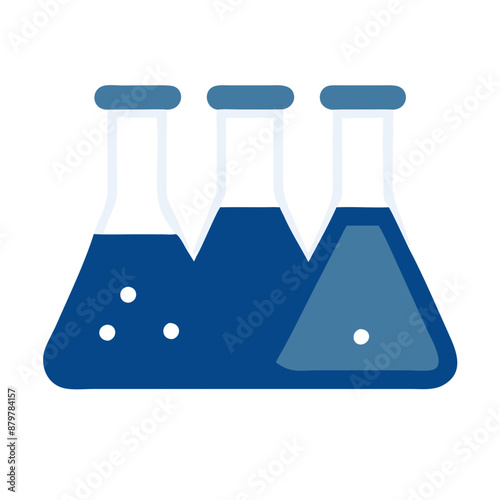 Flat design chemical flasks icon, blue tones, science and research concept