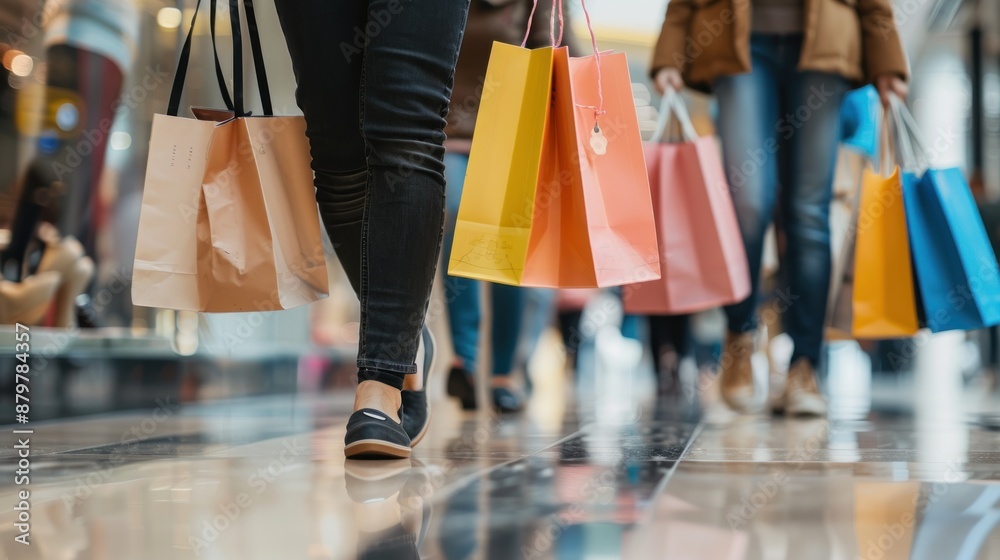 Naklejka premium Shoppers Walking With Colorful Shopping Bags.