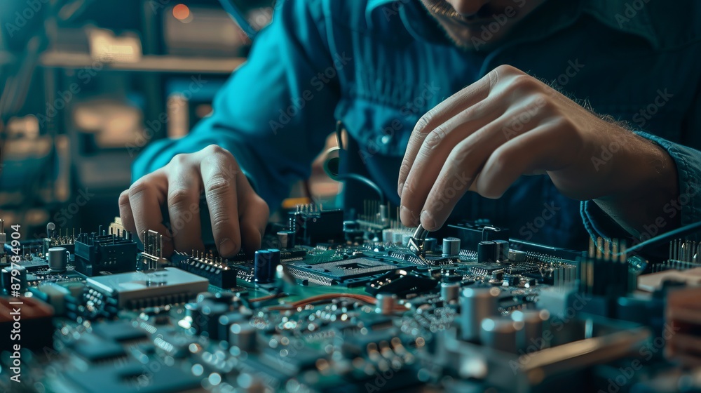 This image captures a person meticulously working on a circuit board using precise tools, epitomizing concepts of technical expertise, focus, and the intricate nature of electronic repair. This image captures a person meticulously working on a circuit board using precise tools, epitomizing concepts of technical expertise, focus, and the intricate nature of electronic repair.