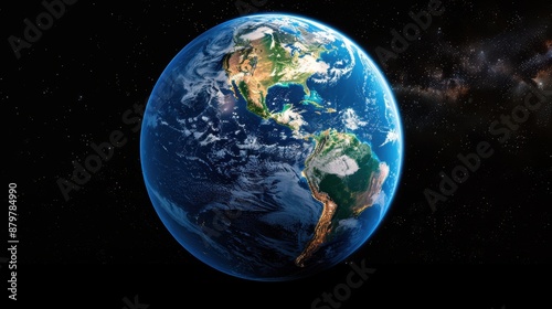 Striking view of Earth from space, highlighting Americas, vibrant blue oceans, lush green continents, and the vast expanse of outer space.