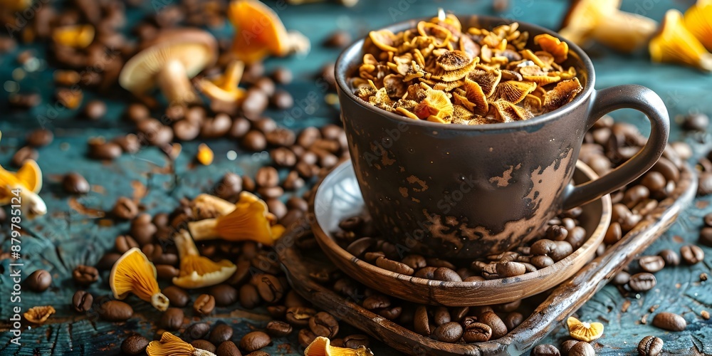 Mushroom Coffee A Blend of Dried Mushrooms and Coffee Beans on a Rustic Table. Concept Mushroom Coffee, Dried Mushrooms, Coffee Beans, Rustic Table, Blend