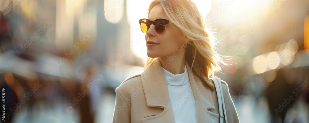 Stylish woman wearing sunglasses and coat walking through busy city street during golden hour with blurred background. Stylish woman wearing sunglasses and coat walking through busy city street during golden hour with blurred background.