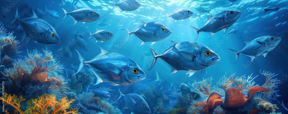 Fototapeta premium Vibrant underwater ocean scene with a school of blue fish swimming near coral reefs, showcasing marine life and diverse aquatic organisms.