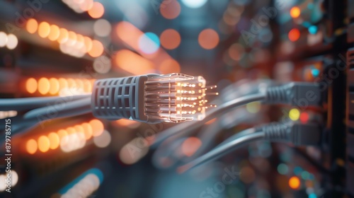 Close-up of a network cable connected to a server with glowing lights, representing data transfer, internet technology, and networking.