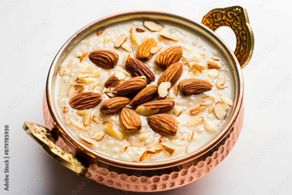 Almond pudding in a copper bowl, food, nuts, almonds, kheer, firni, badam kheer, milk pudding, traditional food, white background, overhead view Almond pudding in a copper bowl, food, nuts, almonds, kheer, firni, badam kheer, milk pudding, traditional food, white background, overhead view