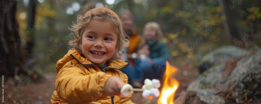 Young child roasting marshmallows over a campfire in a forest, smiling with joy. Family camping trip in autumn surrounded by nature and trees. Young child roasting marshmallows over a campfire in a forest, smiling with joy. Family camping trip in autumn surrounded by nature and trees.