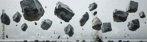 Realistic rocks suspended in midair, surreal and detailed, defying gravity photo