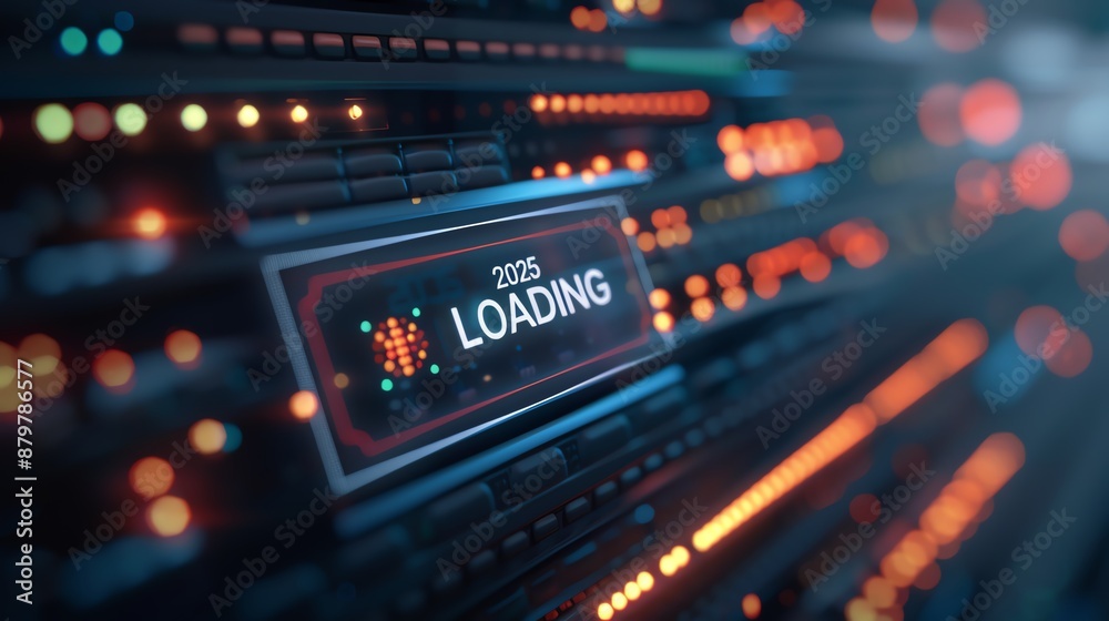 Futuristic data center with a loading screen showing 2025 loading. High-tech concept highlighting information processing and server technology. Futuristic data center with a loading screen showing 2025 loading. High-tech concept highlighting information processing and server technology.