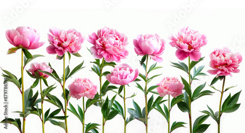 Wallpaper Mural Elegant Blooming Pink Peony Flowers on White Background in a Row, Botanical Beauty for Floral Decor, Wedding Arrangements, and Nature-Themed Designs Torontodigital.ca