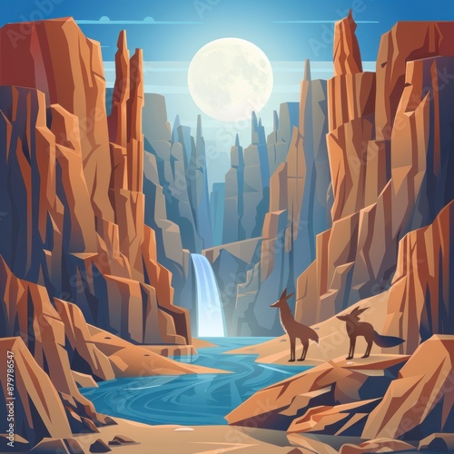 Two foxes watching a waterfall in a canyon.