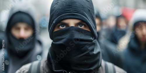 Gangster in black mask participates in riot during tech protest. Concept Tech Protest, Riot, Gangster, Black Mask, Protest Action