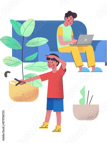 Isolation: son entertain himself while father working remotely