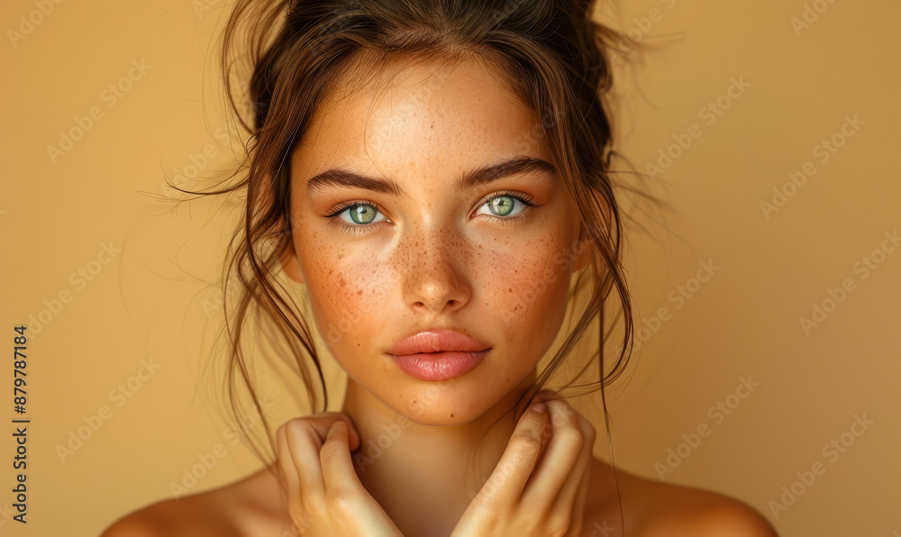 Serious young woman choosing product, isolated on pastel beige, hands out, thoughtful decision-making concept, charming beauty with freckles, close-up portrait, daytime, neutral background Serious young woman choosing product, isolated on pastel beige, hands out, thoughtful decision-making concept, charming beauty with freckles, close-up portrait, daytime, neutral background