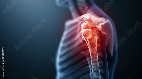 X-ray image showing shoulder pain with highlighted inflammation in the joint, emphasizing skeletal anatomy and medical conditions.