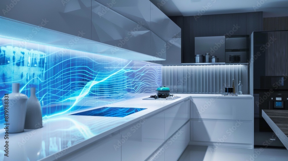 Modern Kitchen With Blue LED Backsplash and White Cabinets Modern Kitchen With Blue LED Backsplash and White Cabinets