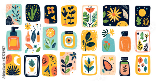 Woman beauty stickers cartoon bundle. Elements with flowers, leafs, feminine stamps, phoenician art, simple lines, isolated on white background