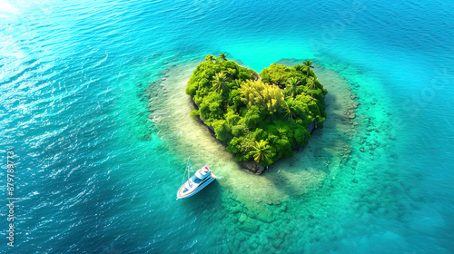 Exotic and Unique Heart-Shaped Island with Lush Greenery in Pristine waters with Luxurious Yacht in Blue Ocean Aerial View. Paradise Romantic Getaway