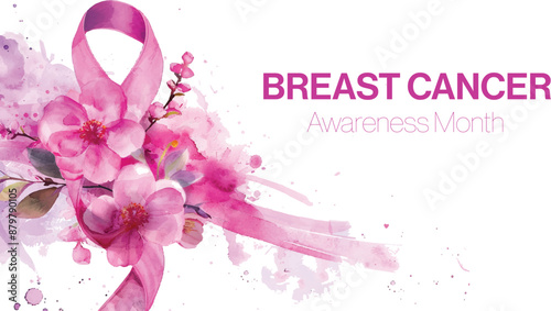 Breast Cancer Awareness Month banner, with pink ribbon, flower