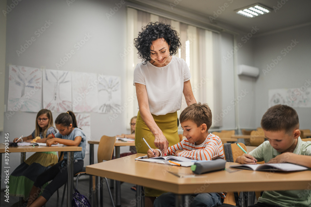 Fototapeta premium Mature teacher check how her young students do tasks on the class