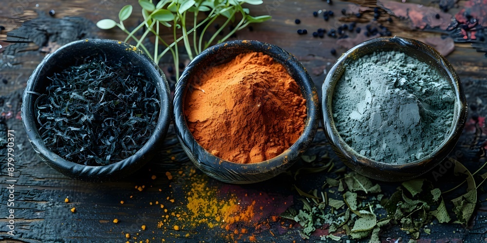 Various seaweed powders on a rustic wooden surface with a professional centered photo, selective focus, and copy space. Concept Seaweed Powders, Rustic Wooden Surface, Professional Photography Various seaweed powders on a rustic wooden surface with a professional centered photo, selective focus, and copy space. Concept Seaweed Powders, Rustic Wooden Surface, Professional Photography