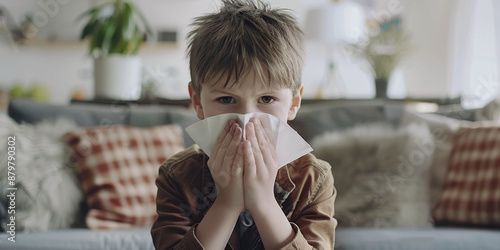 A young boy blowing his nose with a tissue, sitting on a couch in a cozy living room, looking unwell.