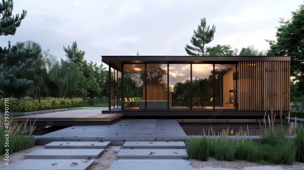 Modern Glass House With Wooden Accents and Deck in Suburban Setting Modern Glass House With Wooden Accents and Deck in Suburban Setting