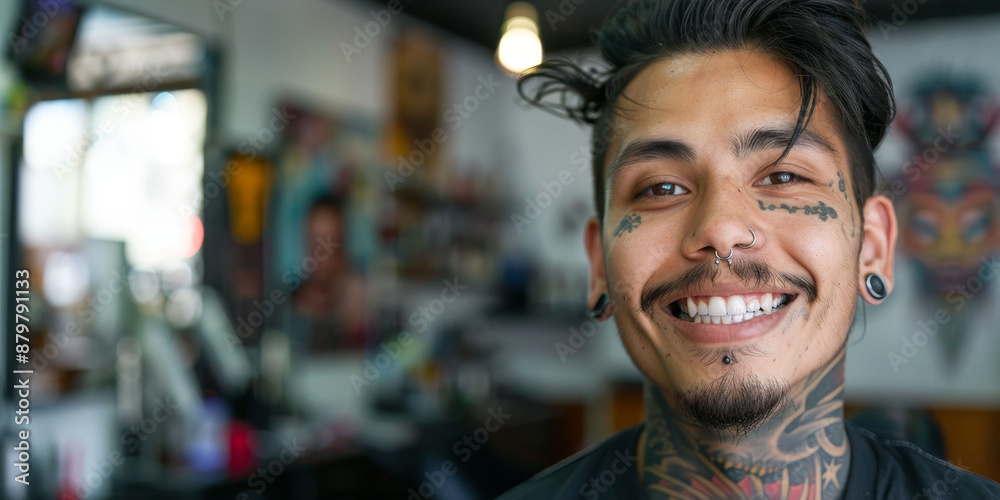 A tattooed man with piercings smiling in a tattoo studio, representing self-expression, modern culture, and individuality. A tattooed man with piercings smiling in a tattoo studio, representing self-expression, modern culture, and individuality.