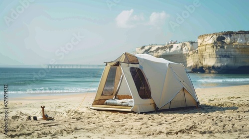 White Tent Set Up On Sandy Beach With Cliffs And Ocean View