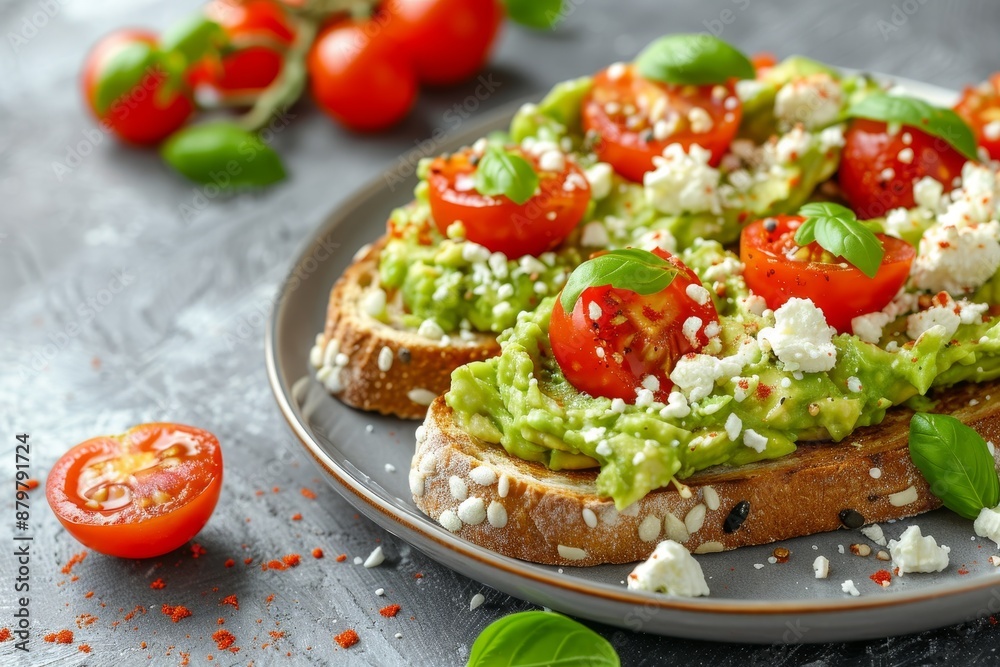 Avocado toast with tomatoes and feta on plate top view Healthy vegetarian Avocado toast with tomatoes and feta on plate top view Healthy vegetarian