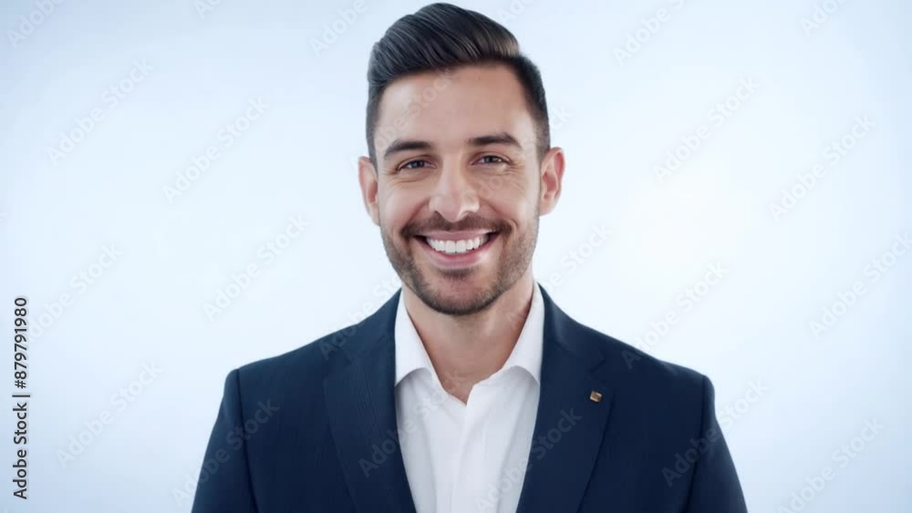 Man Smiling in Blue Suit Against White Background Generative AI Man Smiling in Blue Suit Against White Background Generative AI