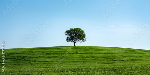 A lone tree stands tall on a grassy hill against a backdrop 