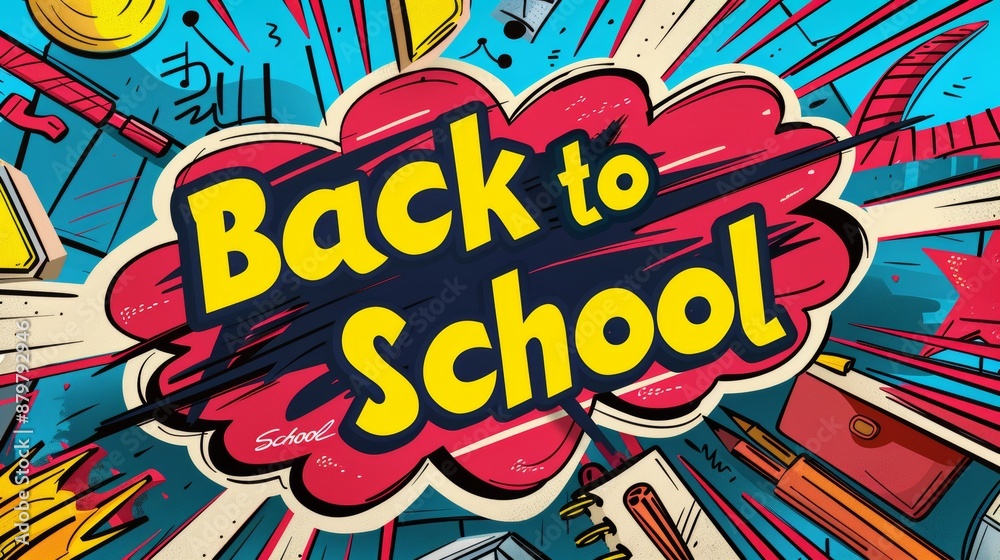 Comic Book Style Back to School Sale Banner with Pop Art Colors and Dynamic Action Lines Comic Book Style Back to School Sale Banner with Pop Art Colors and Dynamic Action Lines