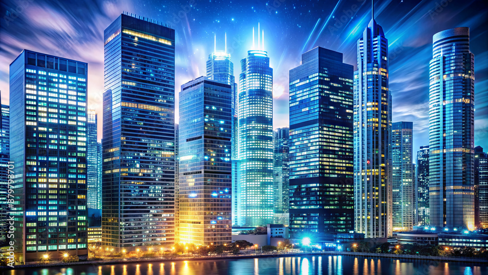 Fototapeta premium A night view of a city skyline with tall skyscrapers illuminated by lights, reflecting in the water of a river
