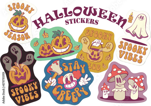 Retro groovy halloween stickers design