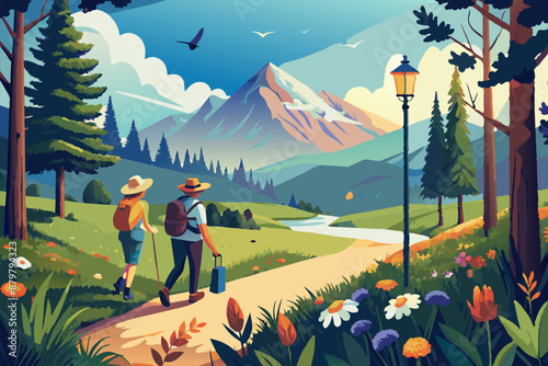 Summer hiking scene with people walking in the forest, by the trail to mountains